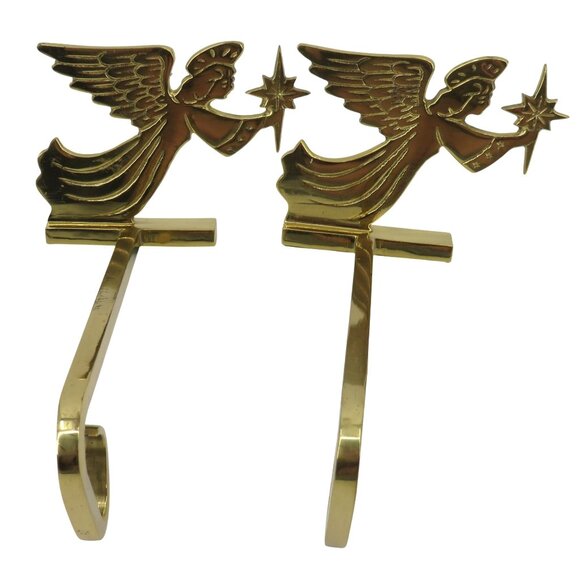 VTG Pair 2 Brass Metal Angel Christmas Star Holiday Stocking Holders Hanger Xmas - Picture 1 of 13